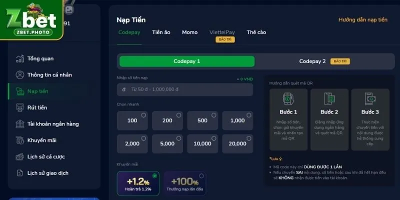 Các hình thức nạp tiền ZBET mà người chơi có thể chọn 